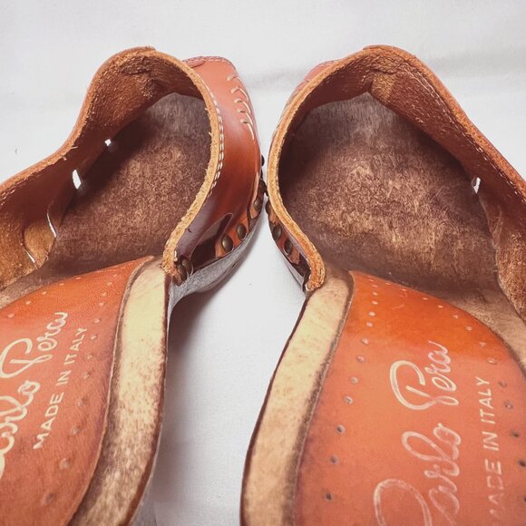 Carlo Pera-Made/Italy-Women's Slip on Clogs-Orange Leather-Sz 7-Studs-Wood-Open - Picture 15 of 16